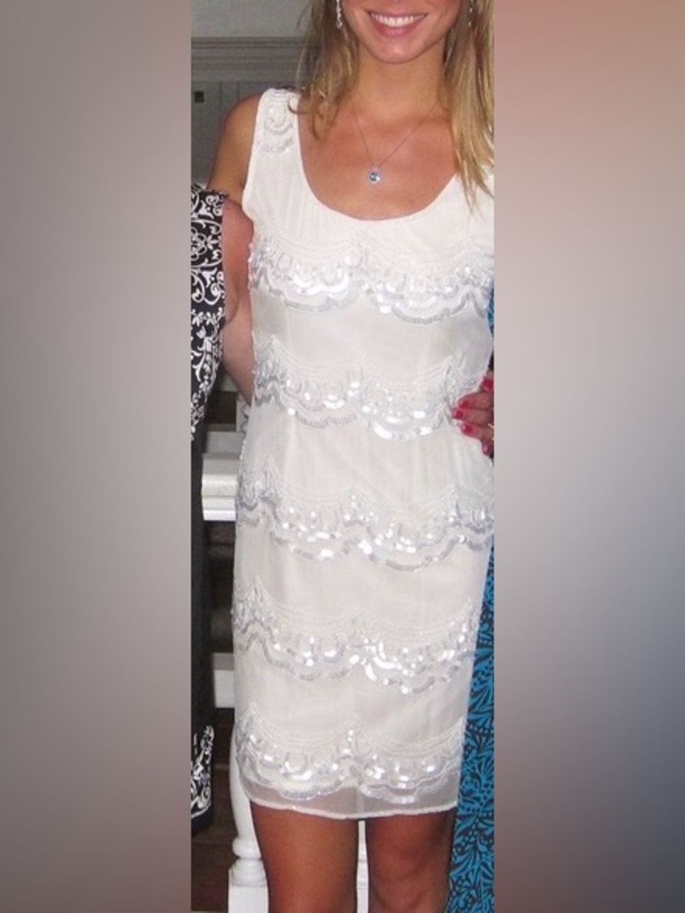 Pisarro Nights White Beaded Silk Dress, Worn once, stunning, size 4